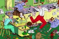 Woman is looking frustrated while man is stumbling around dropping plates, milk, and crying children