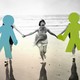 A woman on a beach holds hands with a group of her friends, who are blotted out by graphics.