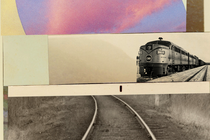 A portrait-oriented collage featuring horizontal strips of photos of (from top to bottom) pink clouds, a train seen from the front, railroad tracks, a rail worker, and a landscape where prairie and mountain meet.