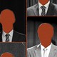 An illustration of multiple portrait-style images of men in black-and-white suits. Their faces are featureless orange cutouts.