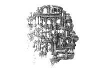 black/white sketch of a disintegrating building shaped like a head