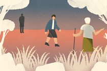 A woman walks away from a silhouette of a man in the background toward an older woman in the foreground