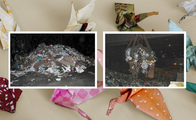 photo collage of paper cranes with an industrial pile of condolence items abut to be burned