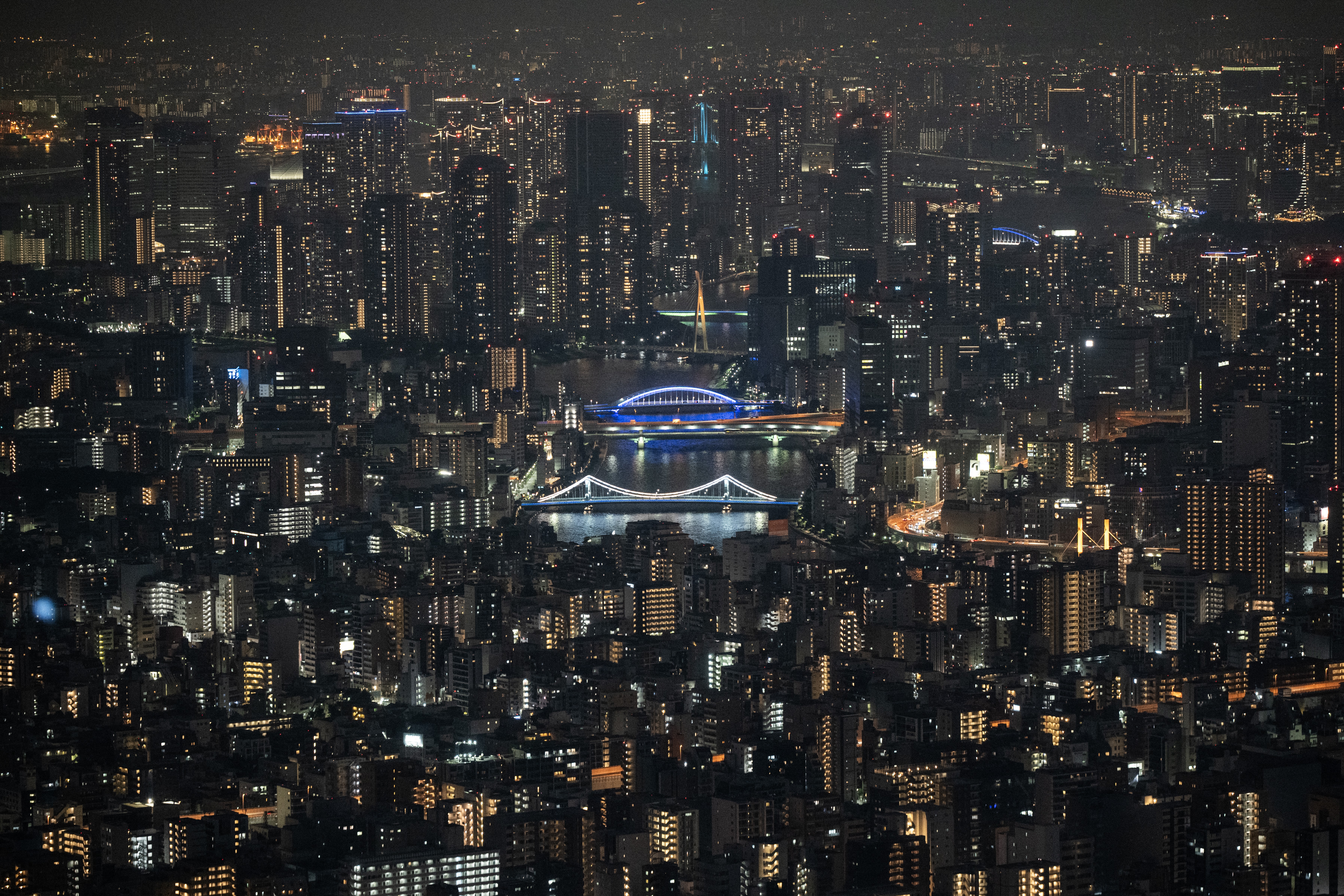 A night view of a crowded Tokyo skyline