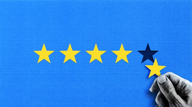 Image of five yellow stars on a blue background. A hand is taking away the fifth star.