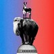 A donkey atop an elephant atop the Capitol