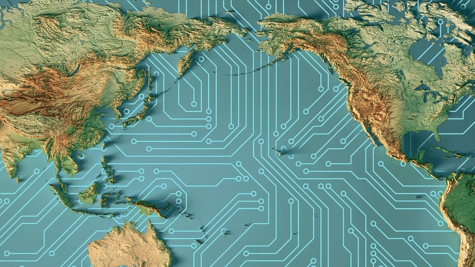 A map centered on the Pacific ocean with circuitry instead of water