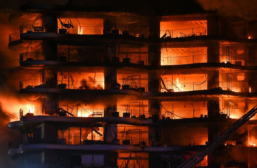 Multiple levels of a burning building