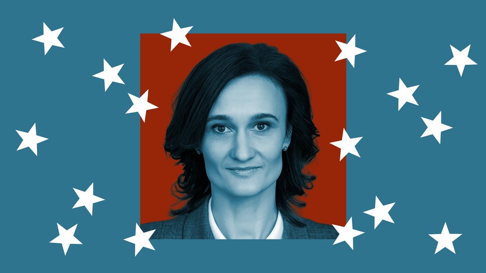 Photo of guest Viktorija Čmilytė-Nielsen against a blue background and falling white stars