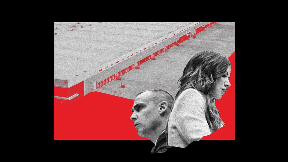 Illustration of Kristi Noem and Corey Lewandowski in black and white over a red background with a silhouette of a warehouse