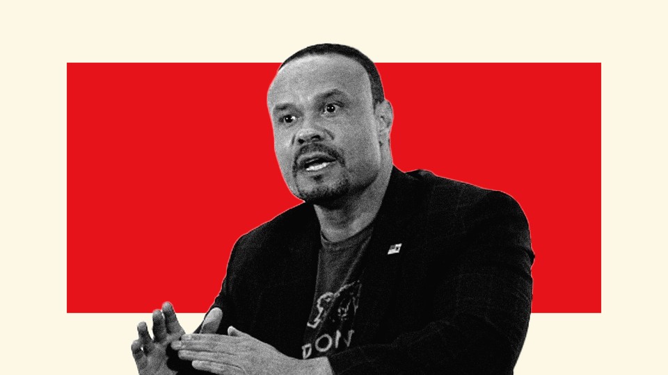 Black and white photo of Dan Bongino speaking placed in front of a red background