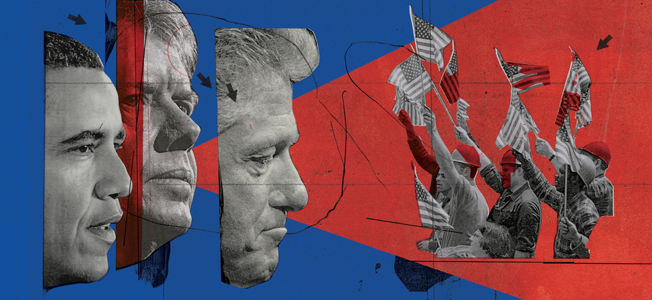 illustration with collaged black-and-white photos of Obama, Carter, and Bill Clinton in profile facing a black and white photo of people in construction hats raising American flags on blue and red background 