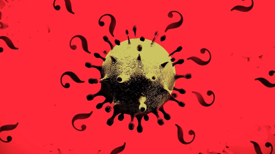 A coronavirus particle surrounded by question marks