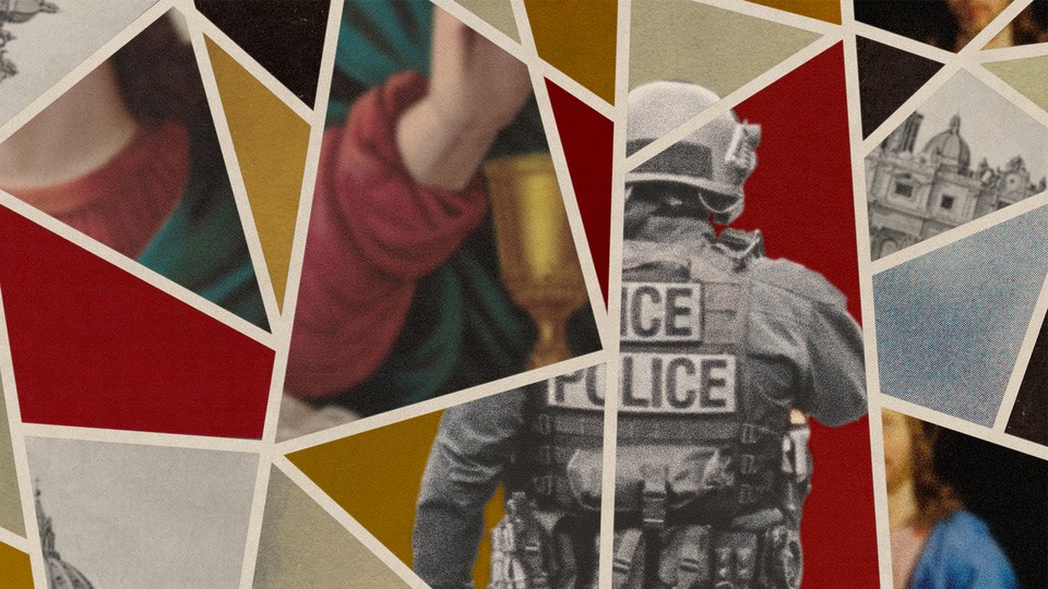 Illustration of multicolored stained glass depicting Christian imagery and an armed policeman