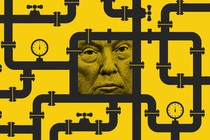Illustration with black-and-white photo of Donald Trump’s face surrounded by a maze of oil pipes with a yellow backdrop
