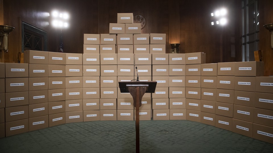 A wall of boxes representing the documents Senate Democrats are requesting related to Brett Kavanaugh.