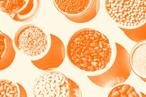 An orange-tinted image of multiple bowls of beans