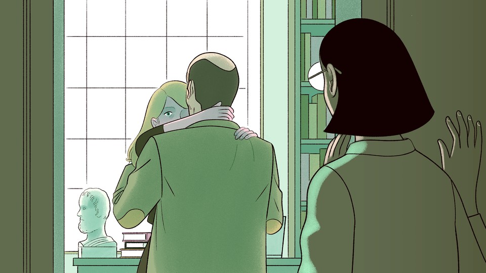 An illustration of a woman looking on as her friend and a professor embrace in his office