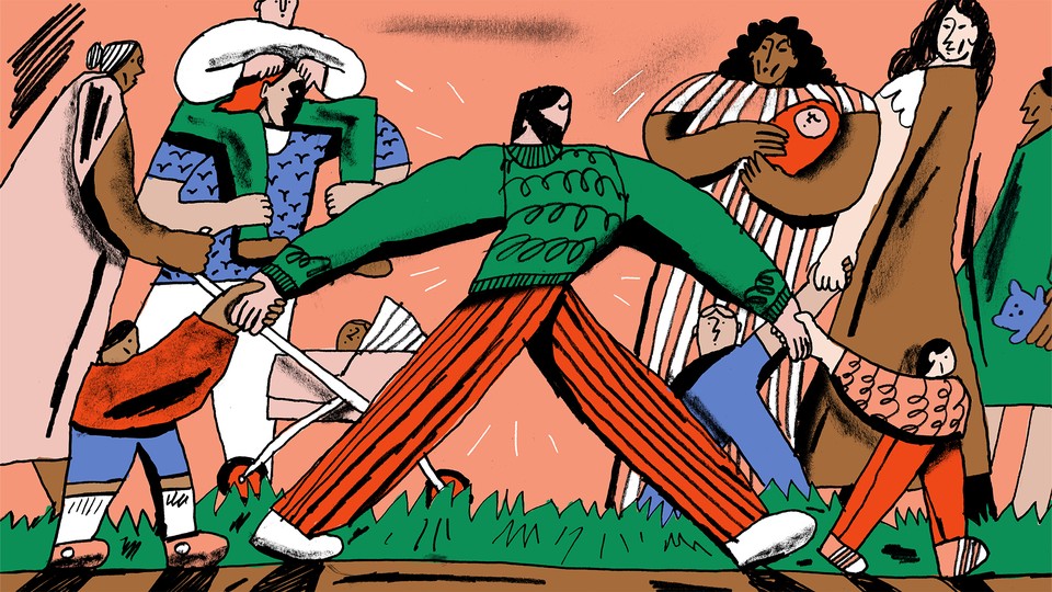 Illustration of a man holding hands with two kids to quizzical looks from others