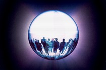 Illustration of a crystal ball showing clips of a dystopian future