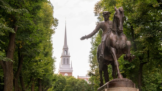 Photo of Paul Revere statue with Old North Church in background