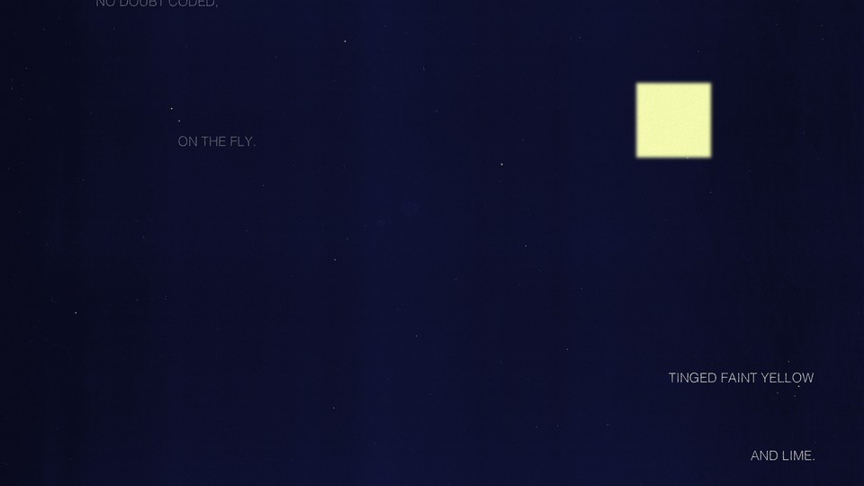 Illustration with words "on the fly," "tinged faint yellow," and "and lime" on black background with blurred yellow square