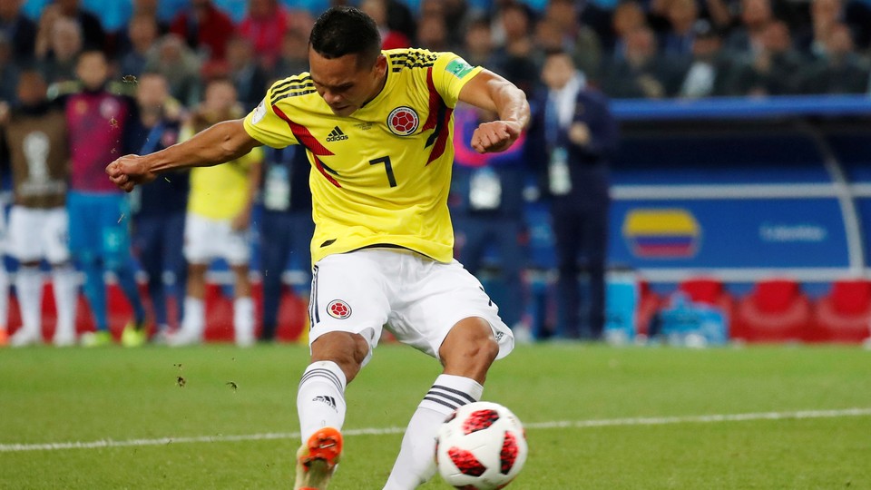 Carlos Bacca playing in the Colombia vs. England World Cup match.