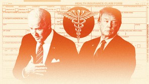 A graphic illustration of Donald Trump and Joe Biden superimposed over a health-insurance-claim form