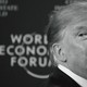 In black and white, Trump stands against a background that says "World Economic Forum," his face half-obscured.