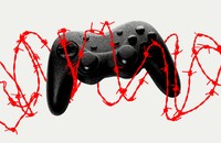 A black video-game controller wrapped in red barbed wire.