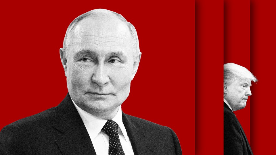 A photo-illustration of Putin facing forward and Trump behind him, in profile.