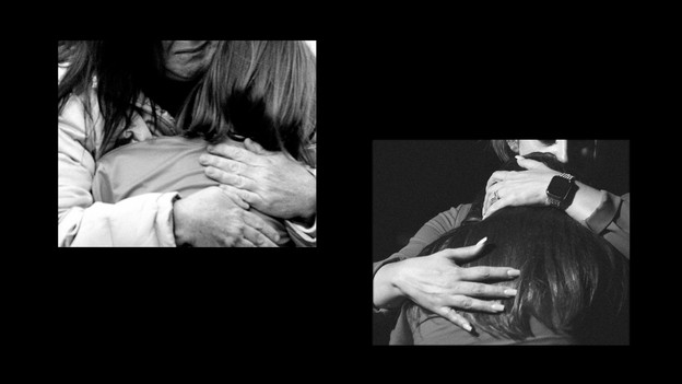 Two black and white images of adults hugging children