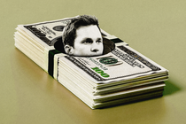 Tom Brady's head poking out of a hole in a stack of $100 bills