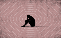 Illustration of a woman bent over in sadness, surrounded by wavy rings on a pink background