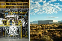 Photographs of a test nuclear unit on the left and the outside of the Kairos nuclear-power plant on the right in Albuquerque, New Mexico.