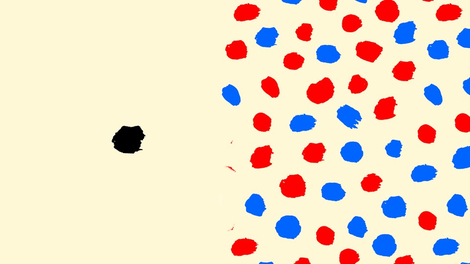 A black dot separated from red and blue dots, to represent the idea of a "black sheep" going against the grain