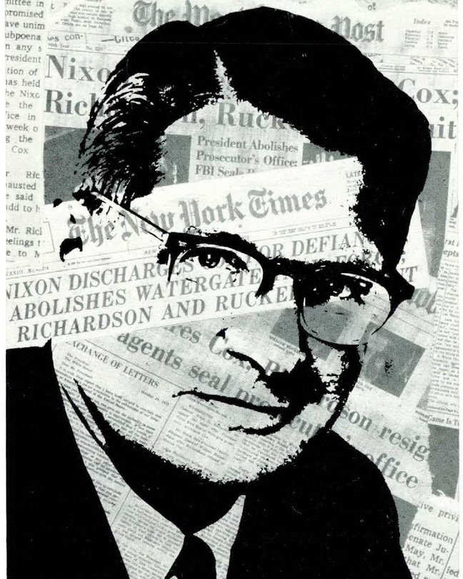 An silhouette illustration of Elliiot Richardson over newspaper headlines about the Saturday Night Massacre