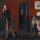 painting of thin bearded man walking in room with open door behind and woman sitting at right edge in a chair