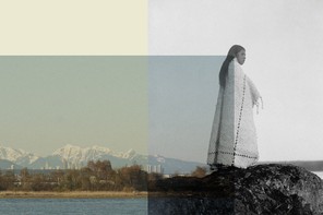 Collage with a black-and-white photo of a Cowichan woman in a blanket standing on a rock and a landscape photo of a mountain range