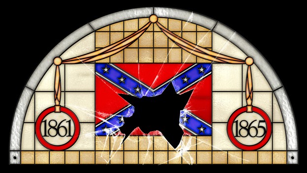Illustration: Stained glass window with shattered confederate flag and dates 1861 and 1865
