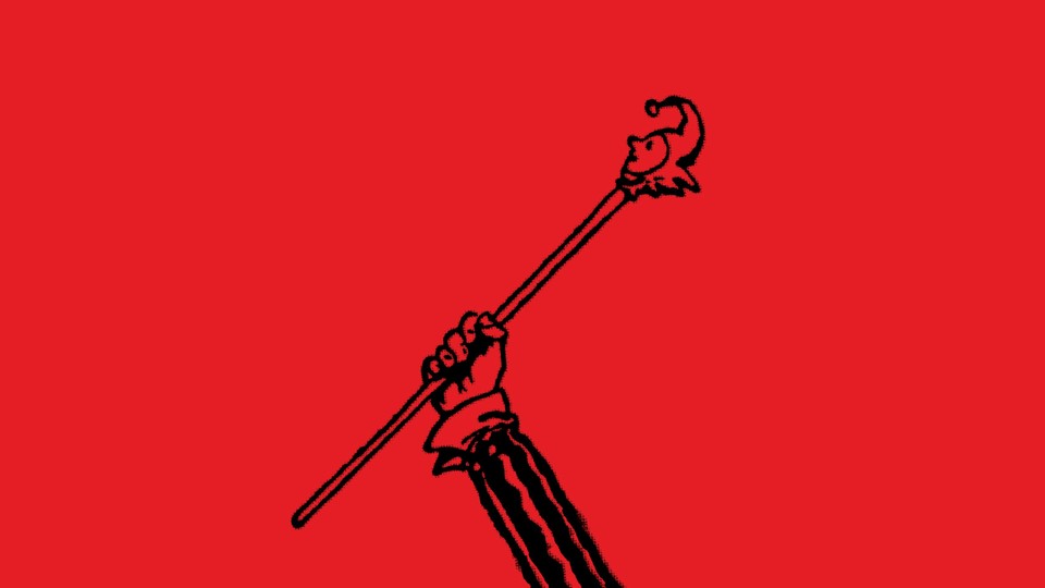 A black line drawing of a hand emerging from a striped sleeve, holding up a baton with a jester's head at the top, on a red background.