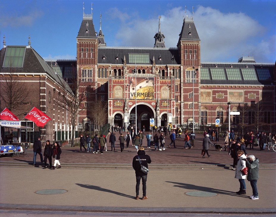 Riksmuseum exterior with banners promoting the Vermeer exhibit.