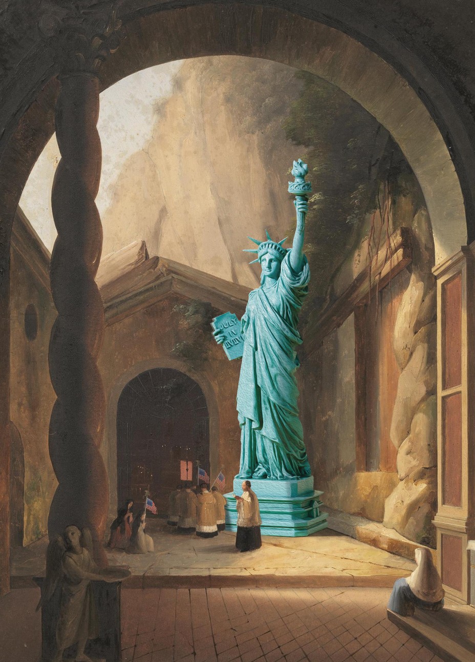 illustration based on historical painting with stone arch and twisting pillar opening onto courtyard with Statue of Liberty, priest, and supplicants bearing the U.S. flag
