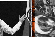 An illustration that includes photos of the Indian flag, the Pakistani flag, and Prime Minister Narendra Modi