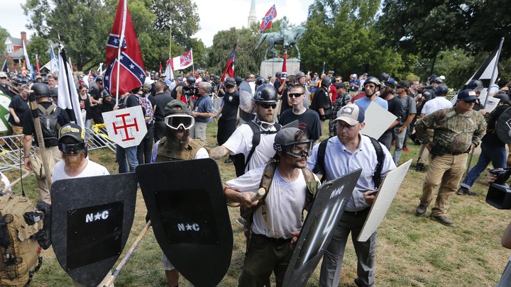 "Alt-right" demonstrators clash with counterdemonstrators in Charlottesville, Virginia, on August 12, 2017.