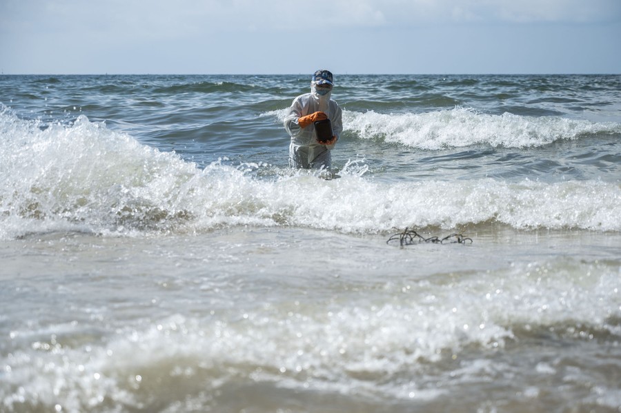A person wearing protective equipment carries a jar while walking in the surf.