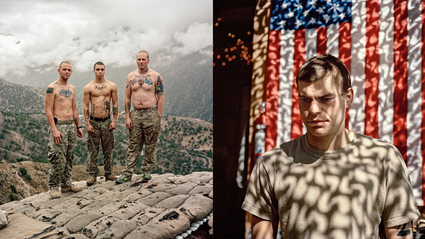 2 photos: 3 shirtless soldiers in camo pants standing on roof of Outpost Restrepo with hills and sky behind; soldier looking down in front of American flag with shadow pattern over both