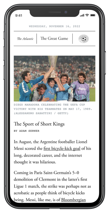 preview of the Great Game newsletter displayed on a phone
