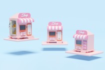 Three small pink shops hovering in the air