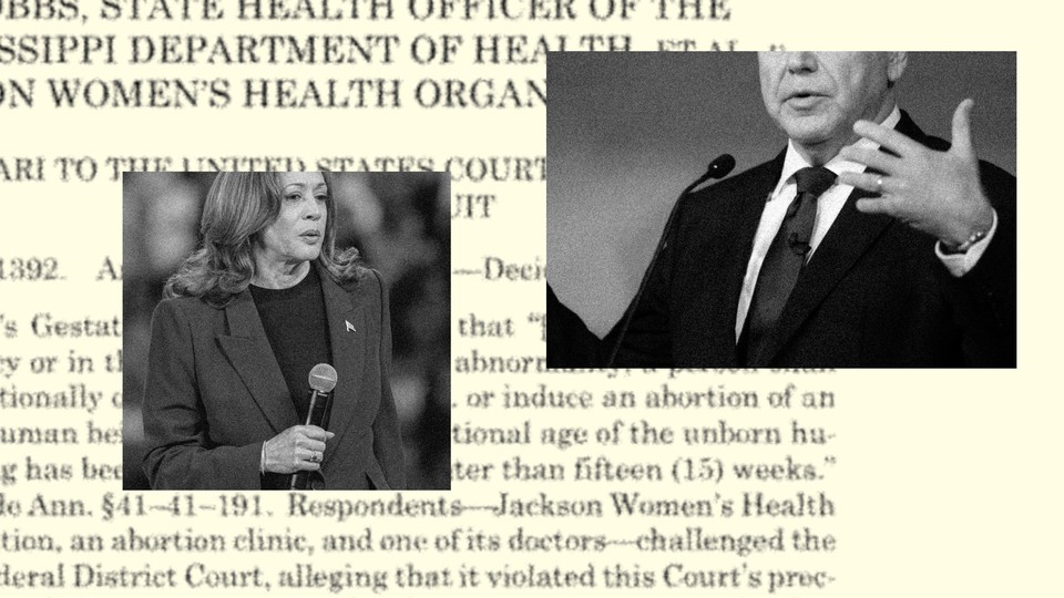 Collage showing legal text and pictures of Kamala Harris and Tim Walz